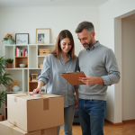 Couple vérifiant une checklist dans un appartement organisé