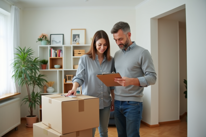 Couple vérifiant une checklist dans un appartement organisé