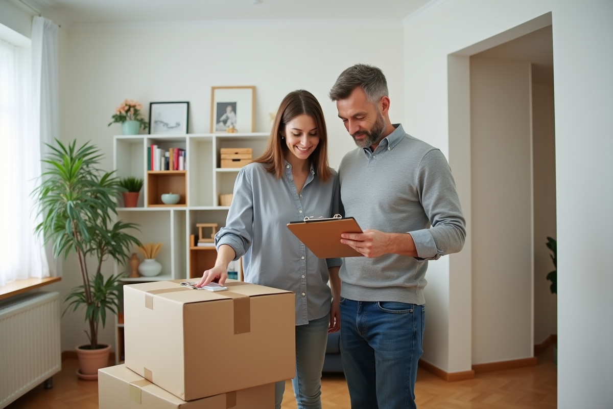 Couple vérifiant une checklist dans un appartement organisé