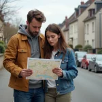 Couple examinant une carte de quartier à Champs-sur-Marne avant un achat immobilier