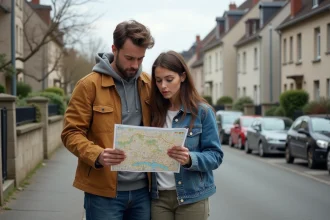 Couple examinant une carte de quartier à Champs-sur-Marne avant un achat immobilier