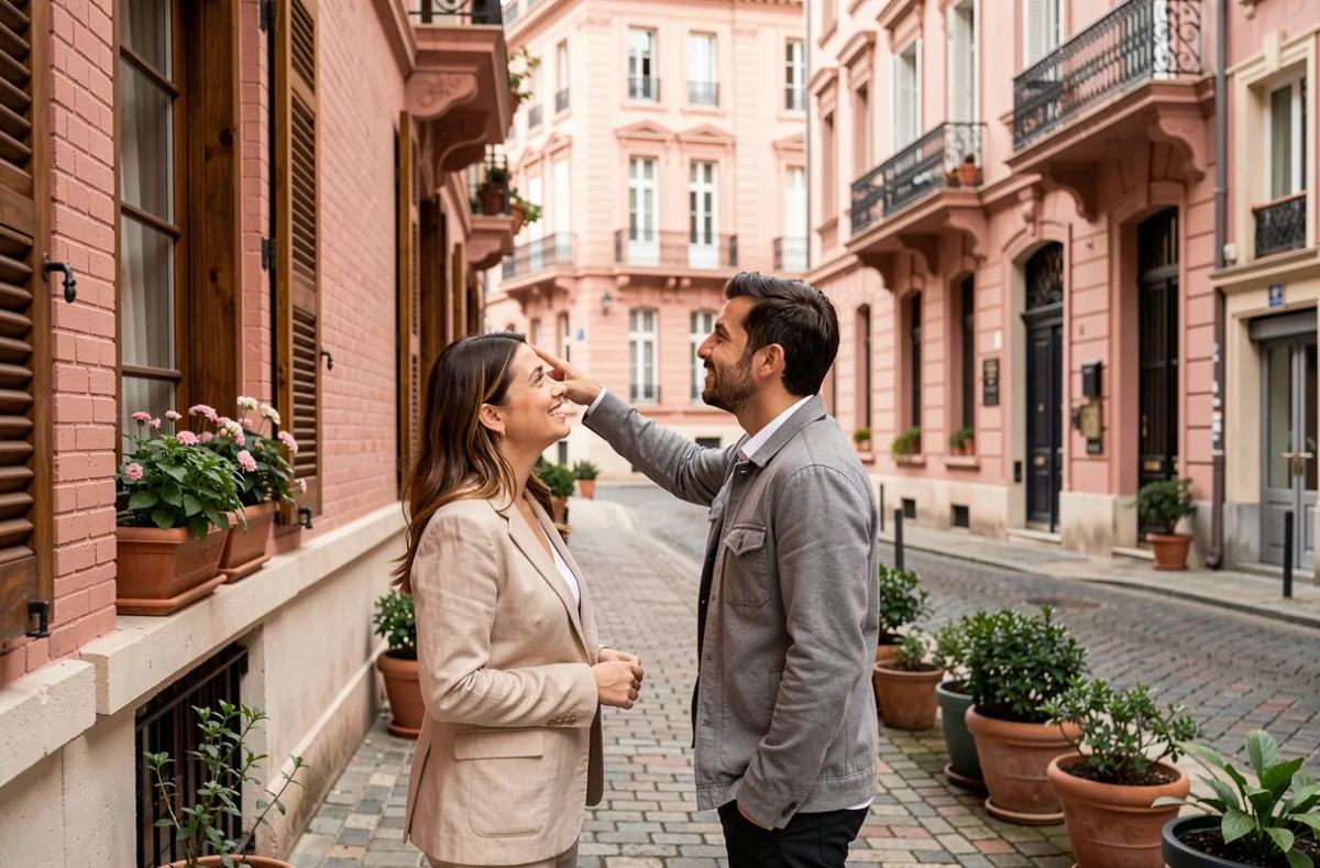 Couple visitant un appartement dans un immeuble en brique rose typique du quartier du Capitole à Toulouse