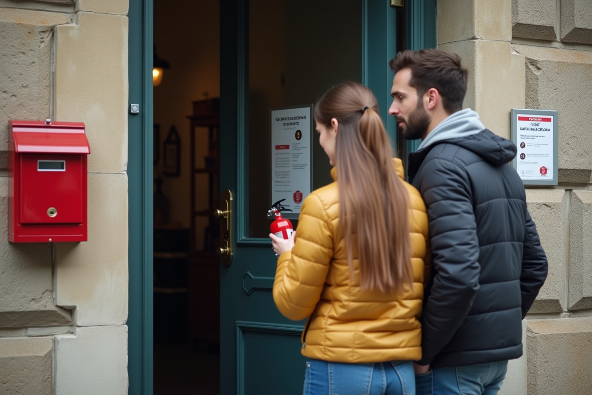 Jeune couple regardant une alarme incendie devant leur immeuble
