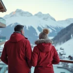 Couple regardant les montagnes enneigees depuis un balcon moderne