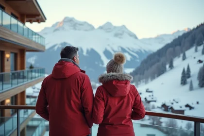 Couple regardant les montagnes enneigees depuis un balcon moderne