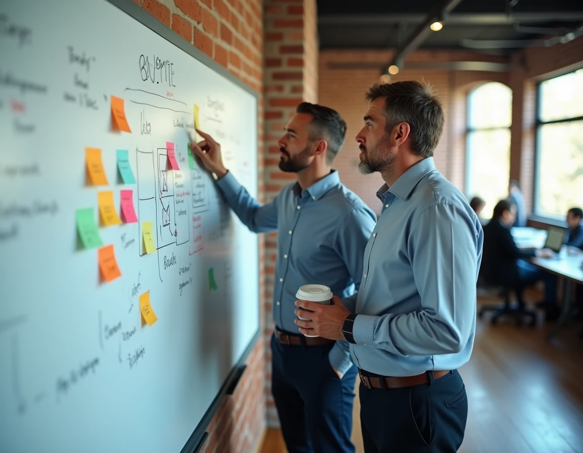 Deux dirigeants d'entreprise discutant des critères de sélection et de fiabilité d'un partenaire stratégique devant un tableau collaboratif