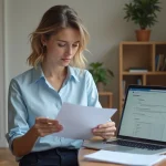 Femme consultant un dossier de demande de logement social à Paris sur son bureau