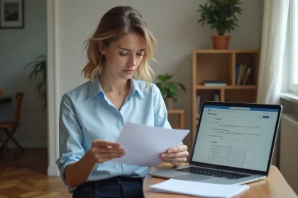 Femme consultant un dossier de demande de logement social à Paris sur son bureau