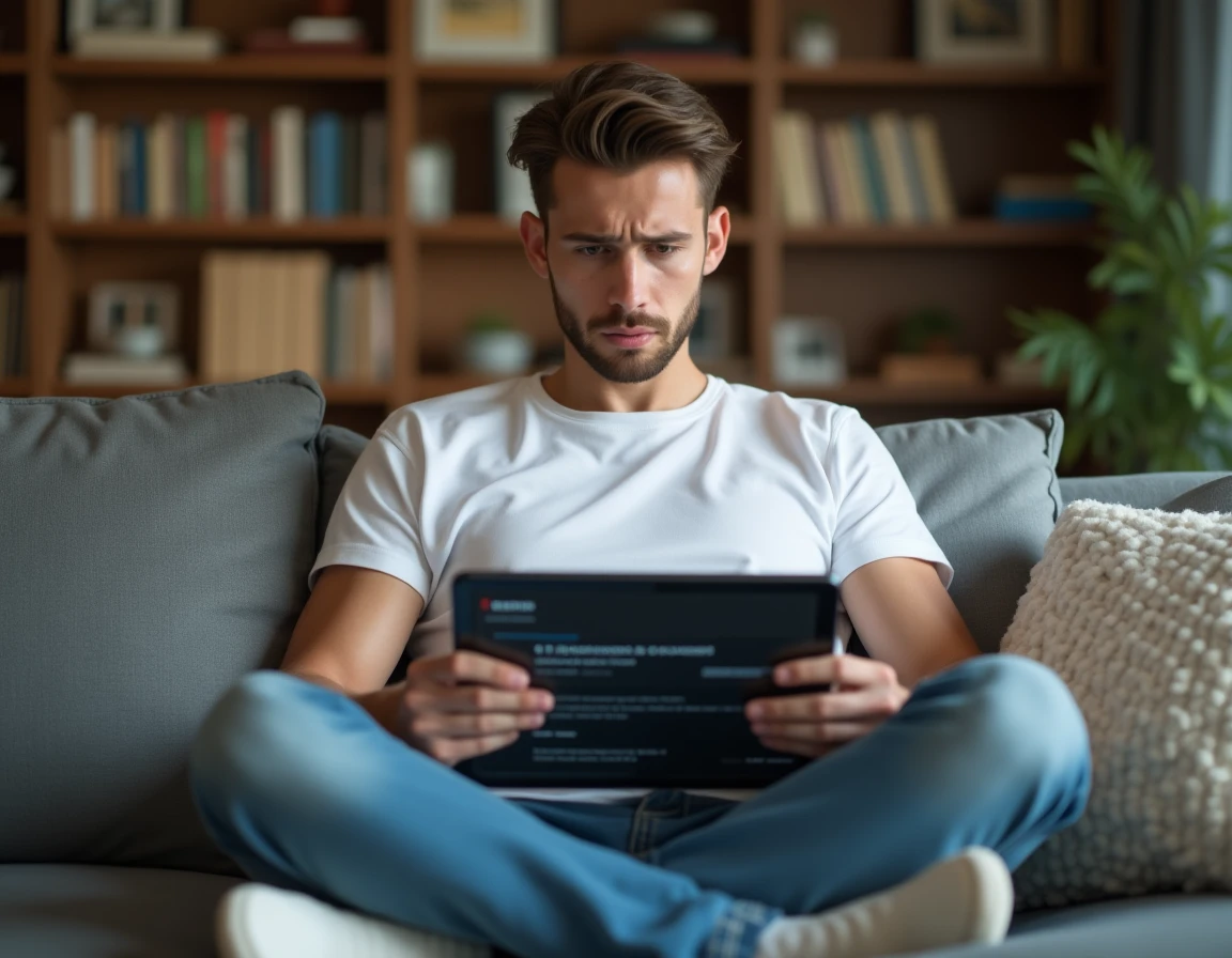 Jeune homme consultant une page de dépannage Playiad IAD sur une tablette dans son salon