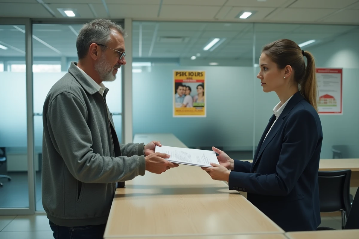 Homme déposant un dossier de logement social dans une agence administrative parisienne