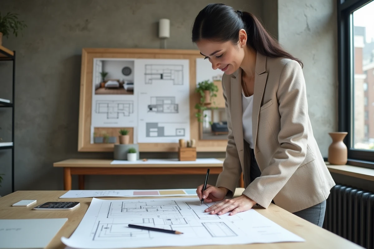 Designer d'intérieur analysant les plans d'une petite chambre pour en optimiser chaque mètre carré disponible