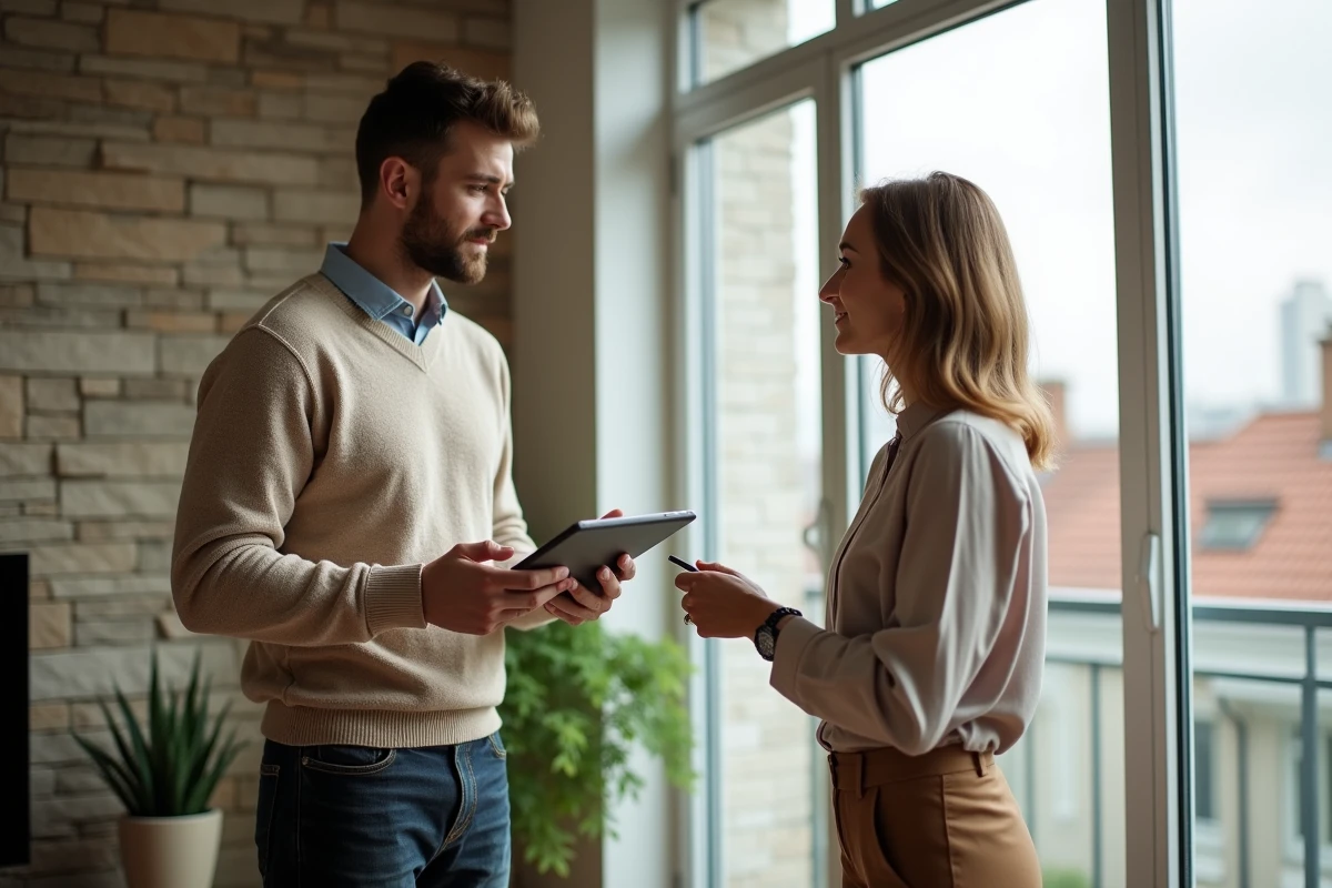 Jeune homme et propriétaire parlent de bail dans un appartement lumineux