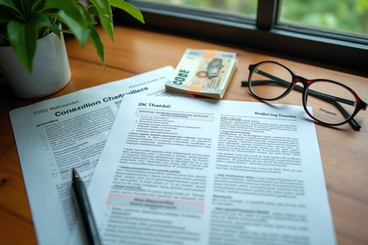 Documents officiels thaïlandais titre foncier contrat de construction et billets de baht pour achat immobilier en Thaïlande à 7000 euros