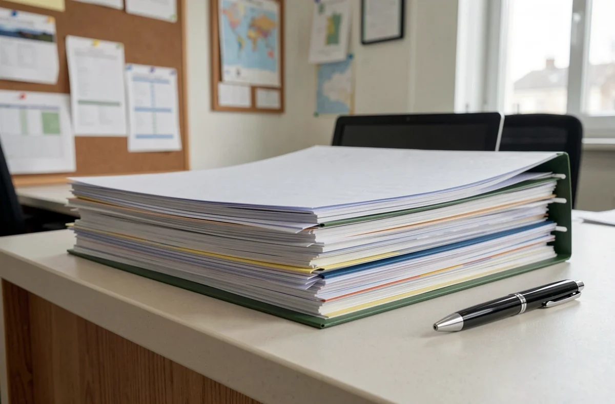 Dossiers papier posés sur un guichet administratif