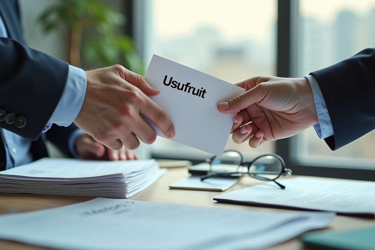 Deux mains échangeant un dossier intitulé Usufruit dans un bureau moderne