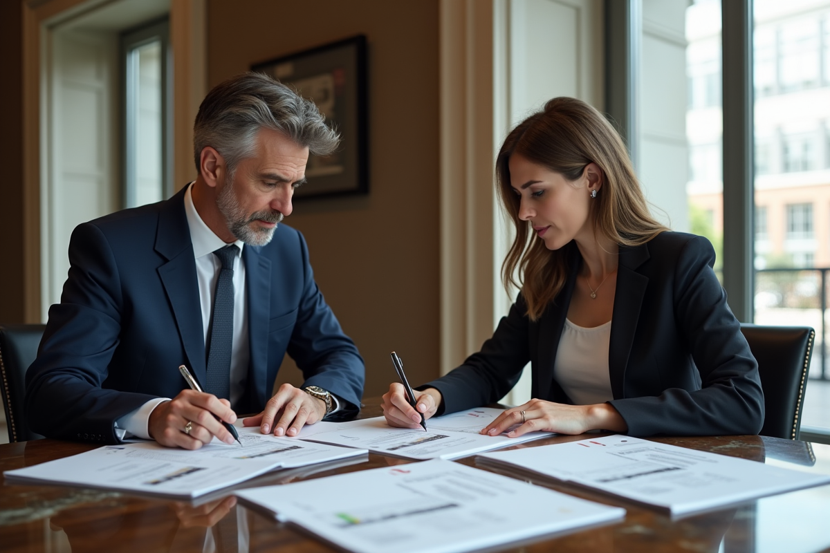 Deux professionnels examinent des documents d'enchères immobilières