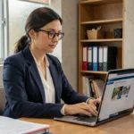 Enseignante connectée à son espace numérique CONVERGENCE Toulouse sur un ordinateur portable dans une salle des professeurs
