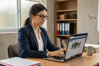 Enseignante connectée à son espace numérique CONVERGENCE Toulouse sur un ordinateur portable dans une salle des professeurs