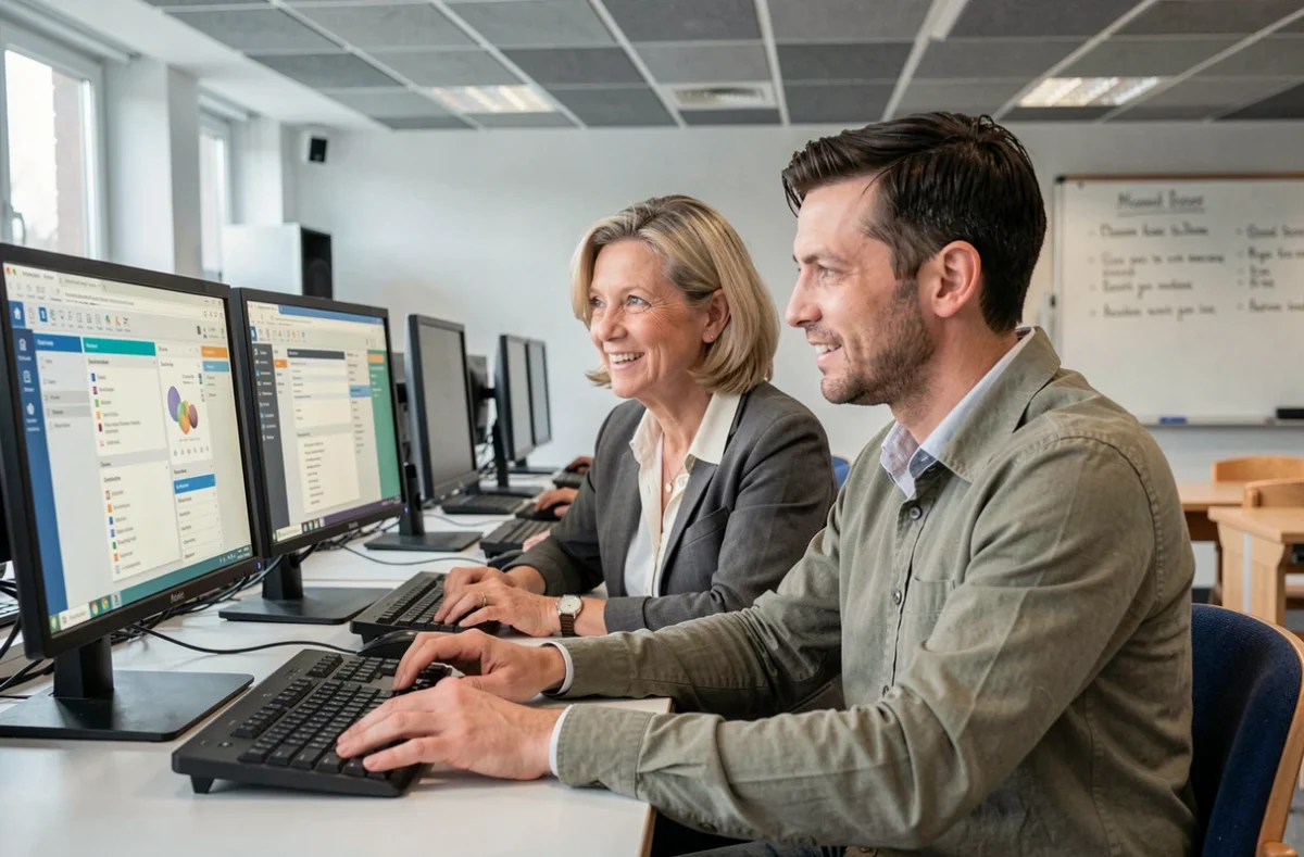 Deux enseignants collaborant sur les services en ligne CONVERGENCE dans une salle informatique d'un collège ou lycée toulousain