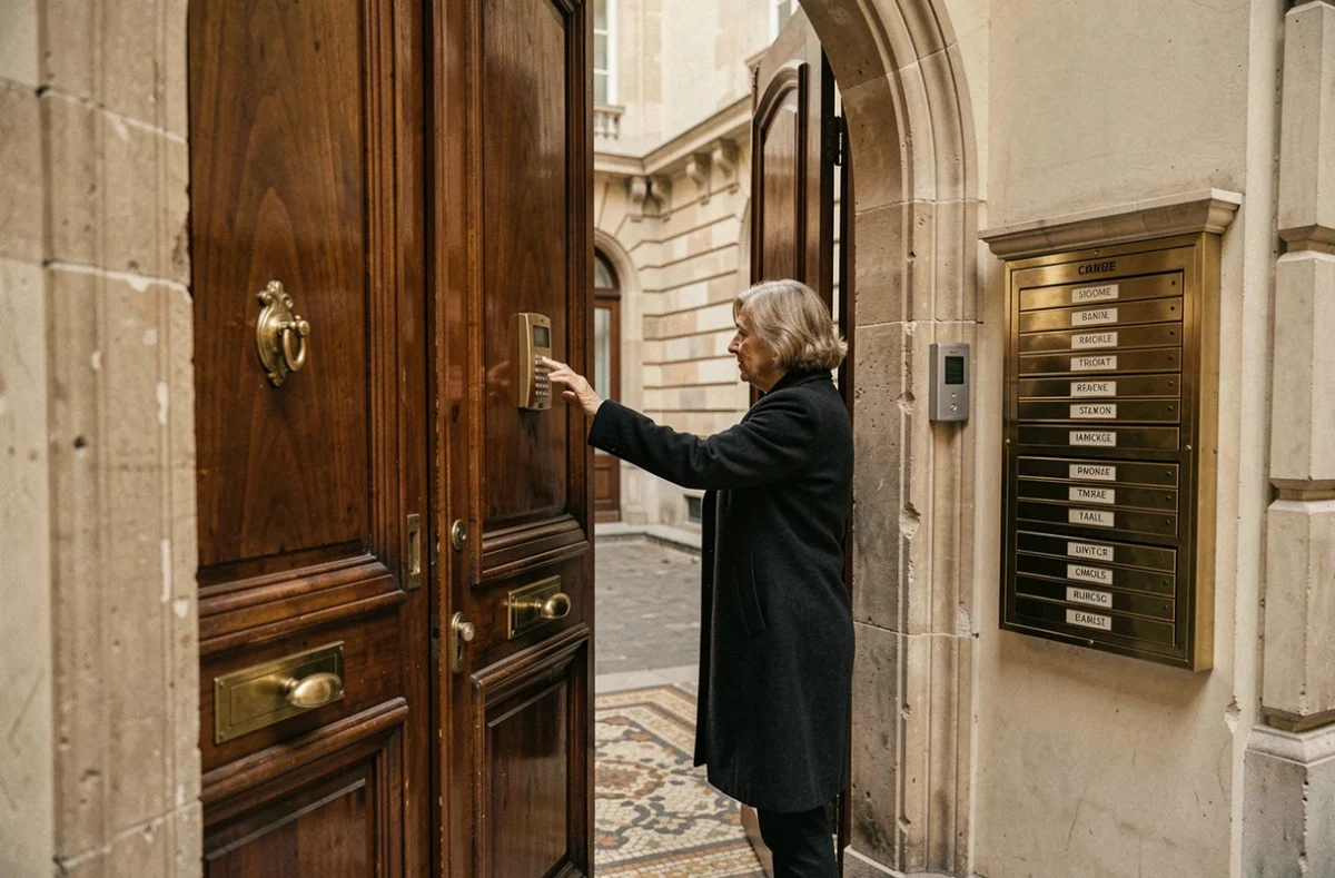 Entrée d'un immeuble parisien avec porte en bois ancien, interphone et boîtes aux lettres dans le 19e arrondissement