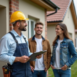 Entrepreneur en construction discutant avec un couple devant une maison neuve