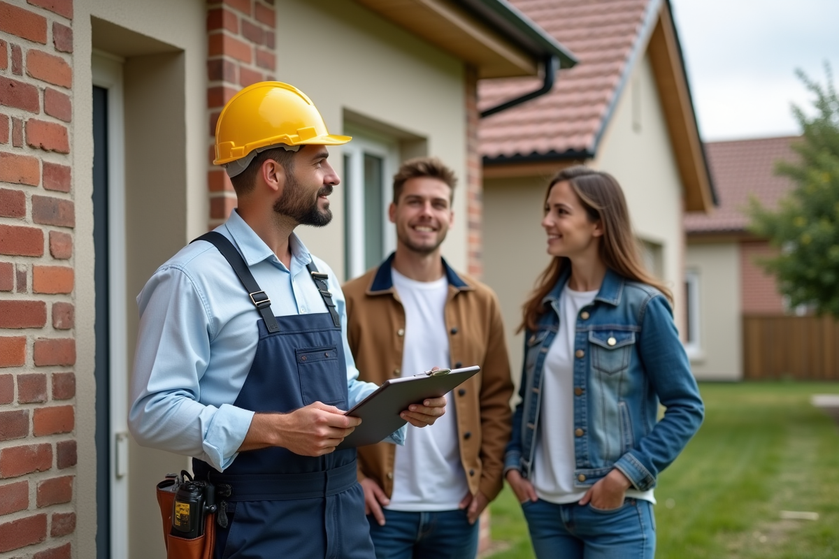 Entrepreneur en construction discutant avec un couple devant une maison neuve
