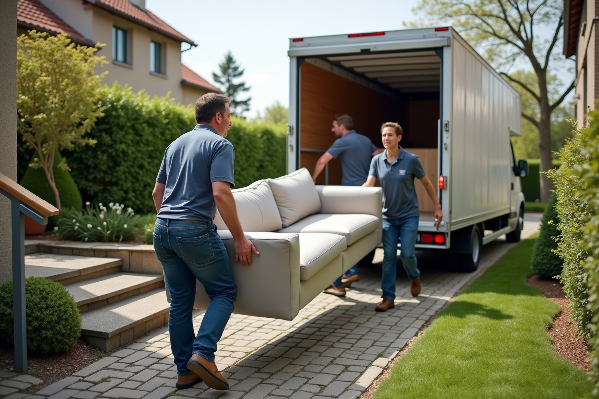 Equipe de déménageurs portant un canapé devant une maison