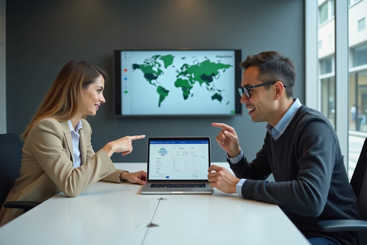 Deux professionnels IAD collaborant sur la gestion des mandats via l'intranet Play IAD en salle de réunion
