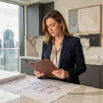 Experte immobilière de prestige examinant des plans dans un appartement de luxe avec vue panoramique sur la ville