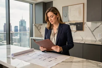 Experte immobilière de prestige examinant des plans dans un appartement de luxe avec vue panoramique sur la ville