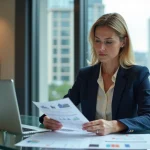 Agente immobilière de prestige consultant une estimation immobilière sur tablette et documents papier dans une agence moderne