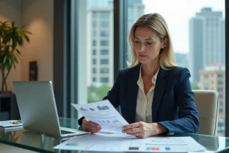 Agente immobilière de prestige consultant une estimation immobilière sur tablette et documents papier dans une agence moderne