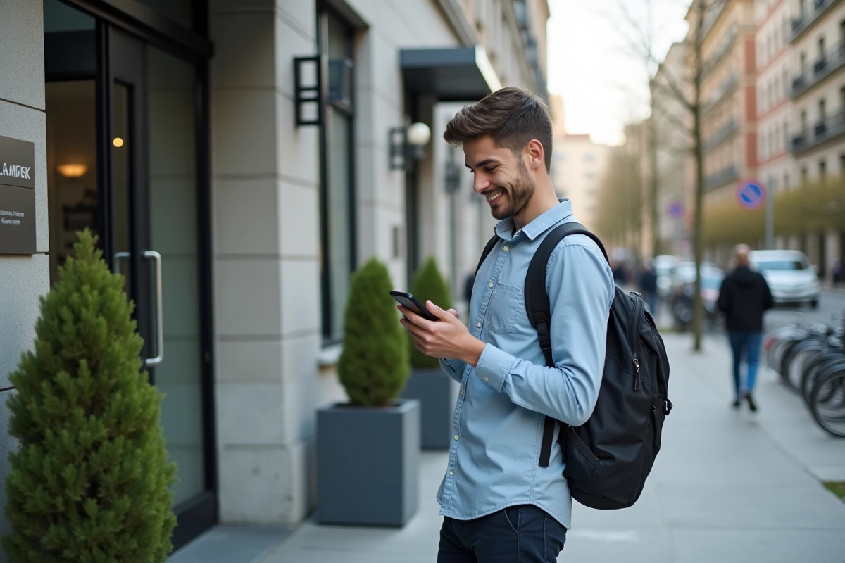 Étudiant arrivant à l'entrée d'une résidence Nidost moderne en ville, souriant en regardant son téléphone