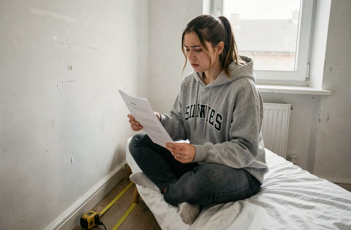 Jeune femme étudiante vérifiant un contrat de bail dans une petite chambre en mesurant la superficie au sol