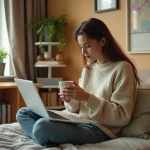 Étudiante installée dans son studio meublé chez Nidost, travaillant sur son ordinateur portable dans une ambiance cosy et studieuse