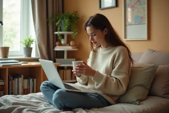 Étudiante installée dans son studio meublé chez Nidost, travaillant sur son ordinateur portable dans une ambiance cosy et studieuse