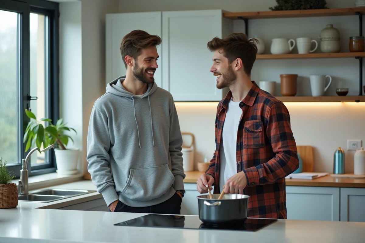 Deux étudiants en train de cuisiner ensemble dans la cuisine commune d'une résidence Nidost, dans une atmosphère conviviale
