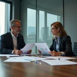 Deux professionnels en réunion évaluant des documents d'entreprise pour identifier les signaux de fiabilité d'un partenaire commercial