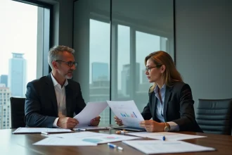 Deux professionnels en réunion évaluant des documents d'entreprise pour identifier les signaux de fiabilité d'un partenaire commercial