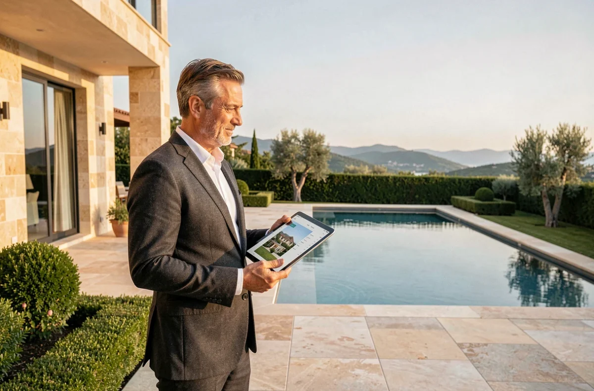 Propriétaire ou expert immobilier évaluant une villa de prestige avec piscine à débordement et jardin méditerranéen