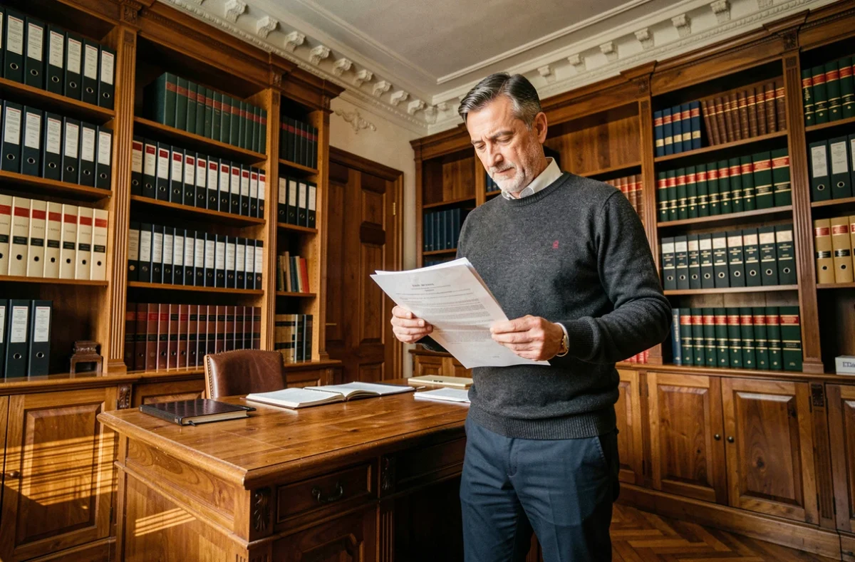 Homme examinant attentivement un contrat de bail immobilier dans un bureau notarial traditionnel