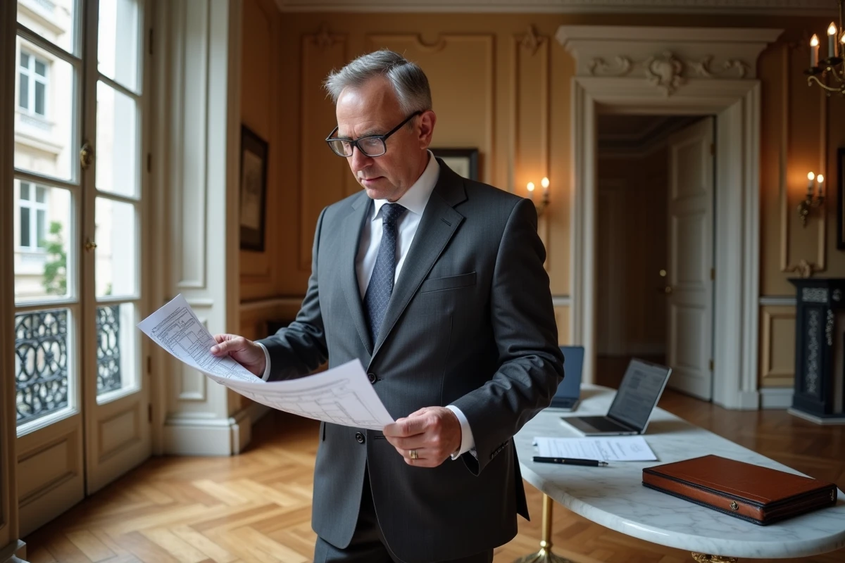Expert en estimation immobilière analysant les données d'un appartement haussmannien de prestige à Paris