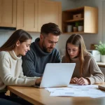 Famille discutant devis de déménagement dans la cuisine