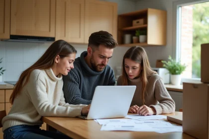 Famille discutant devis de déménagement dans la cuisine