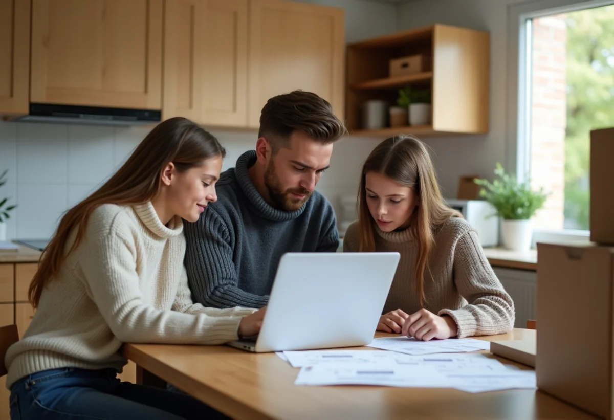 Famille discutant devis de déménagement dans la cuisine