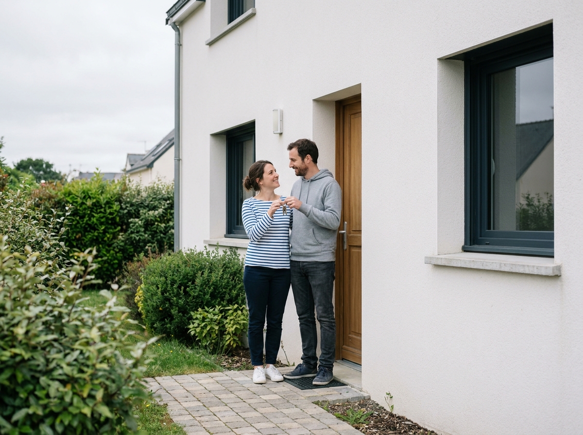 Jeune couple emménageant dans leur maison neuve nouvellement construite en Ille-et-Vilaine