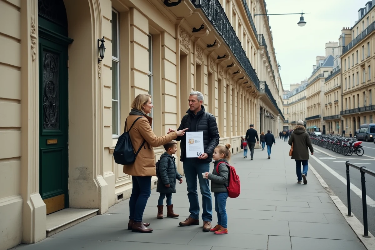 Famille nombreuse devant un immeuble parisien consultant une annonce de location LOC
