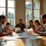 Famille nombreuse parisienne consultant des annonces de location dans un appartement haussmannien spacieux