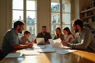 Famille nombreuse parisienne consultant des annonces de location dans un appartement haussmannien spacieux