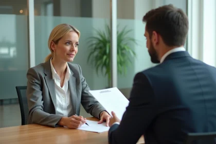 Femme d'affaires discutant avec un banquier dans un bureau moderne